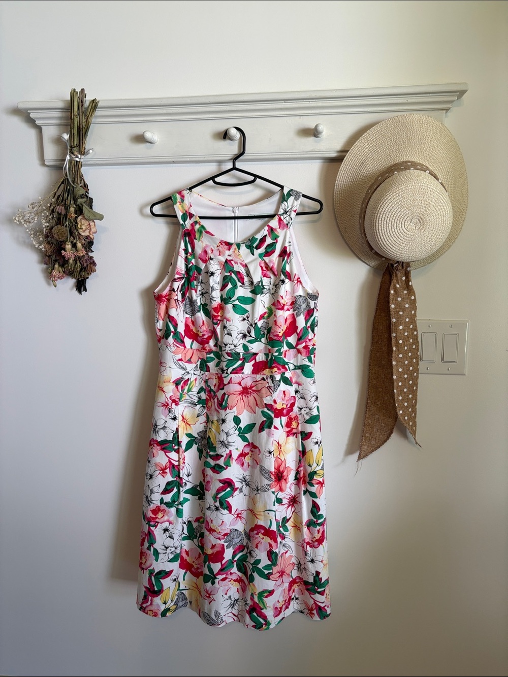 cleo Floral Fit-and-Flare Dress in White, Pink & Green